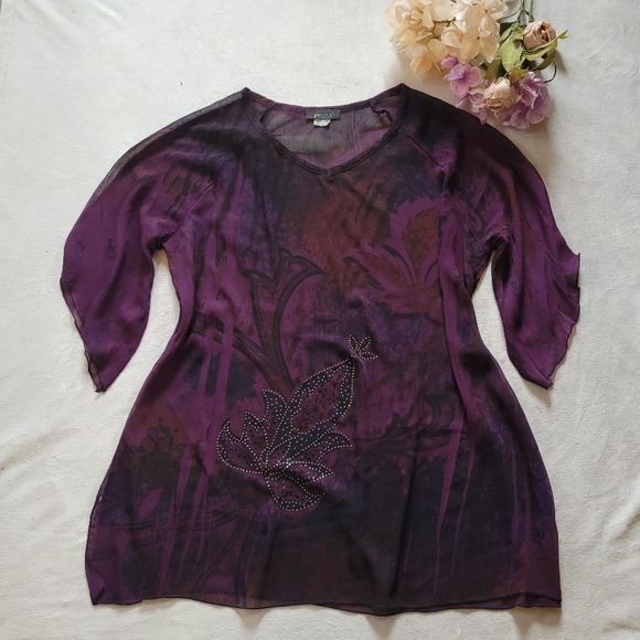 🔴 2/$20 PRETTY WOMEN Purple Top/Blouse Sheer With Jewels - Picture 2 of 11